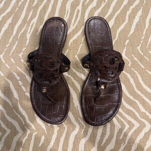 Brown Embossed Leather Tory Burch Monogram Slides